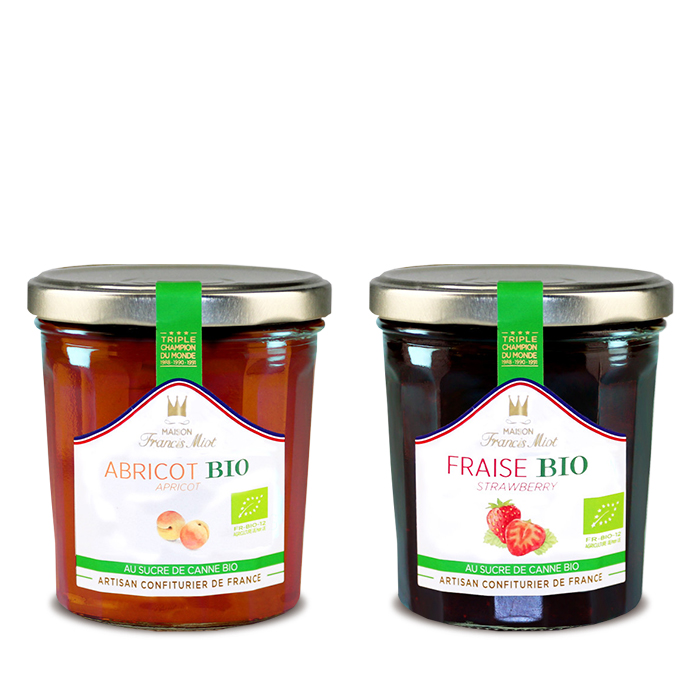 Sélection de confitures Bio abricot et fraise Francis Miot