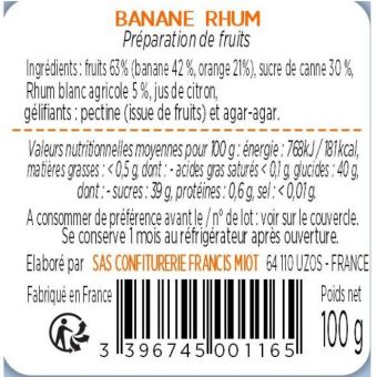 Confiture de banane rhum au sucre de canne 100g