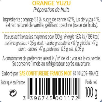 Confiture d'orange et yuzu au sucre de canne 100g