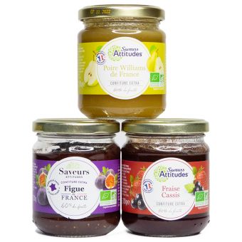 Trio de confitures de France Bio : fraise cassis, poire et figue